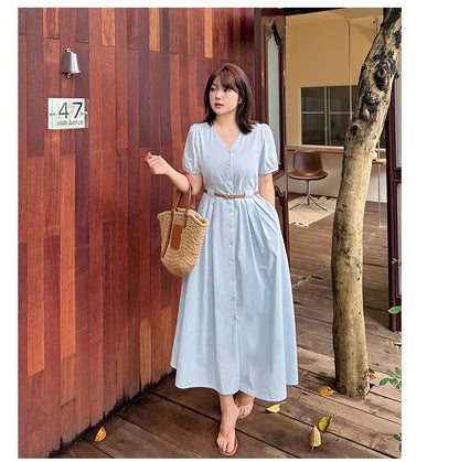 Plus Size Set: Puff-Sleeve V-Neck Button-Up Plain Midi A-Line Dress + Belt