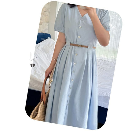 Plus Size Set: Puff-Sleeve V-Neck Button-Up Plain Midi A-Line Dress + Belt