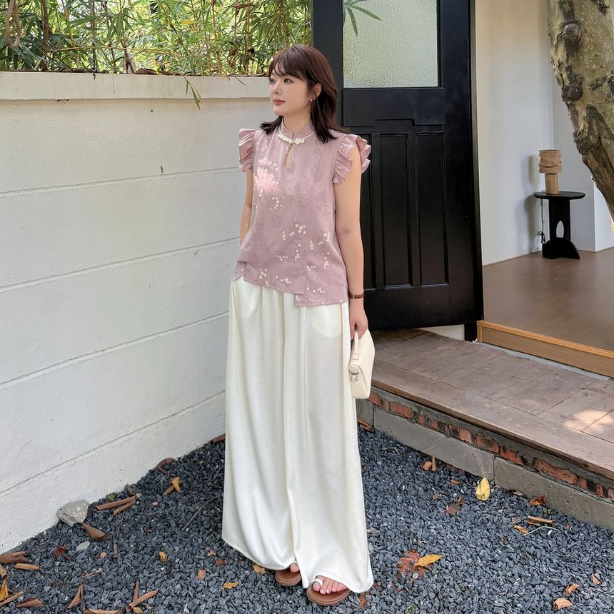 Plus Size Cap-Sleeve Stand Collar Floral Print Cutout Frog Buttoned Blouse