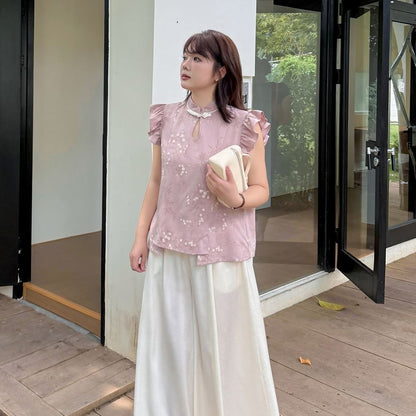 Plus Size Cap-Sleeve Stand Collar Floral Print Cutout Frog Buttoned Blouse