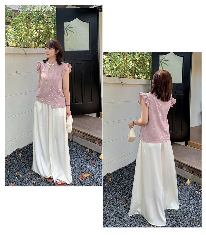 Plus Size Cap-Sleeve Stand Collar Floral Print Cutout Frog Buttoned Blouse