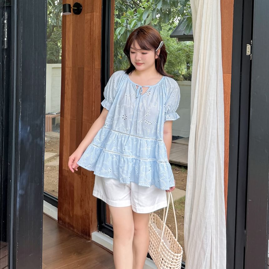 Plus Size Puff-Sleeve Notch Neck Embroidered Perforated Tie Front Blouse