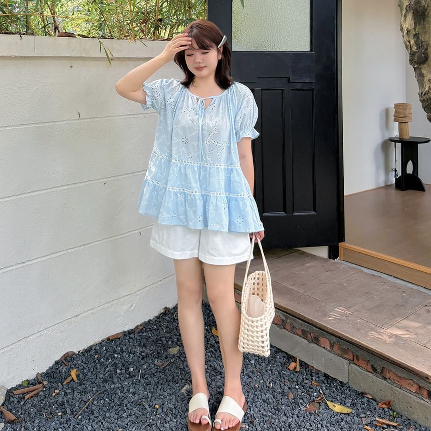 Plus Size Puff-Sleeve Notch Neck Embroidered Perforated Tie Front Blouse