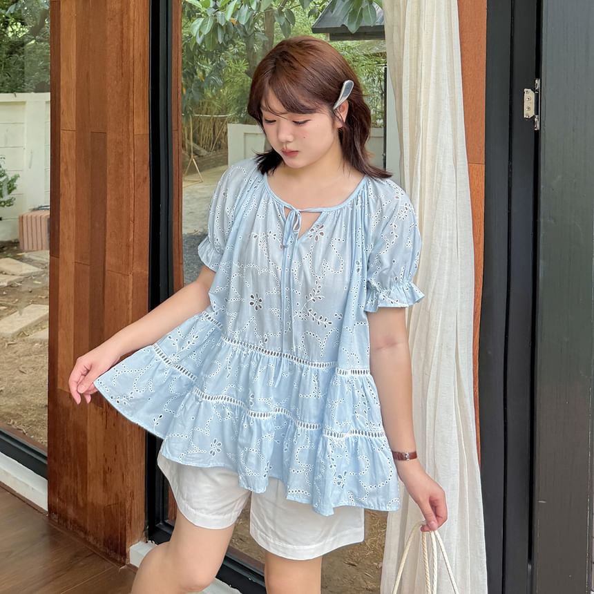 Plus Size Puff-Sleeve Notch Neck Embroidered Perforated Tie Front Blouse