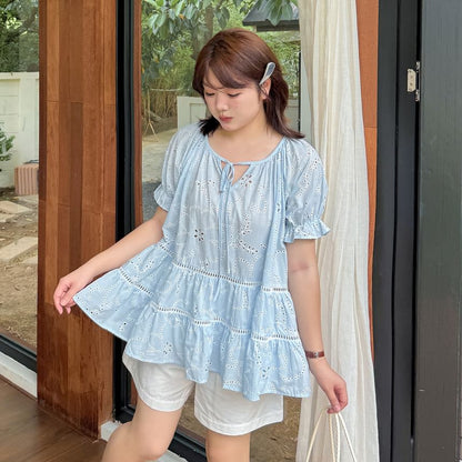 Plus Size Puff-Sleeve Notch Neck Embroidered Perforated Tie Front Blouse