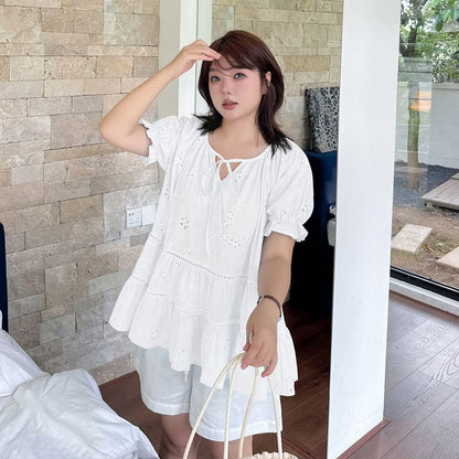 Plus Size Puff-Sleeve Notch Neck Embroidered Perforated Tie Front Blouse
