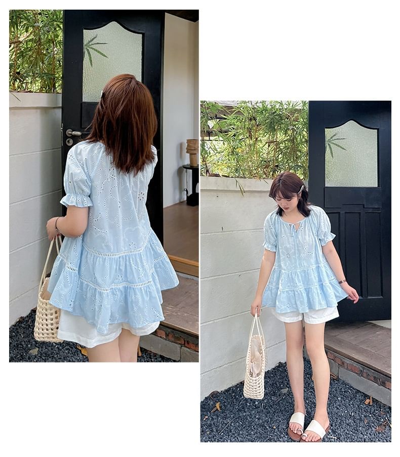 Plus Size Puff-Sleeve Notch Neck Embroidered Perforated Tie Front Blouse