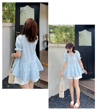 Plus Size Puff-Sleeve Notch Neck Embroidered Perforated Tie Front Blouse