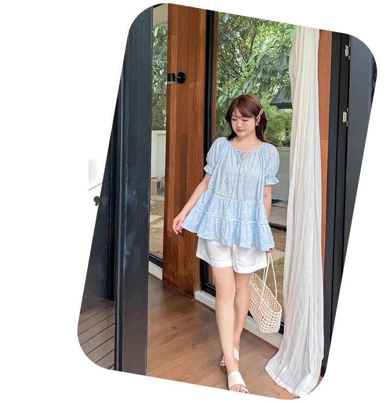 Plus Size Puff-Sleeve Notch Neck Embroidered Perforated Tie Front Blouse