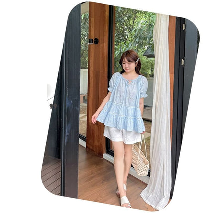 Plus Size Puff-Sleeve Notch Neck Embroidered Perforated Tie Front Blouse