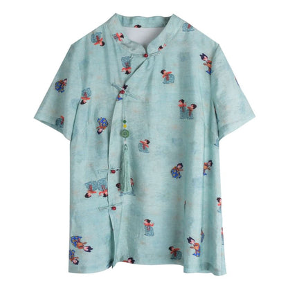 Plus Size Short-Sleeve Stand Collar Patterned Tassel Frog Buttoned Blouse / Elastic Waist Wide Leg Shorts