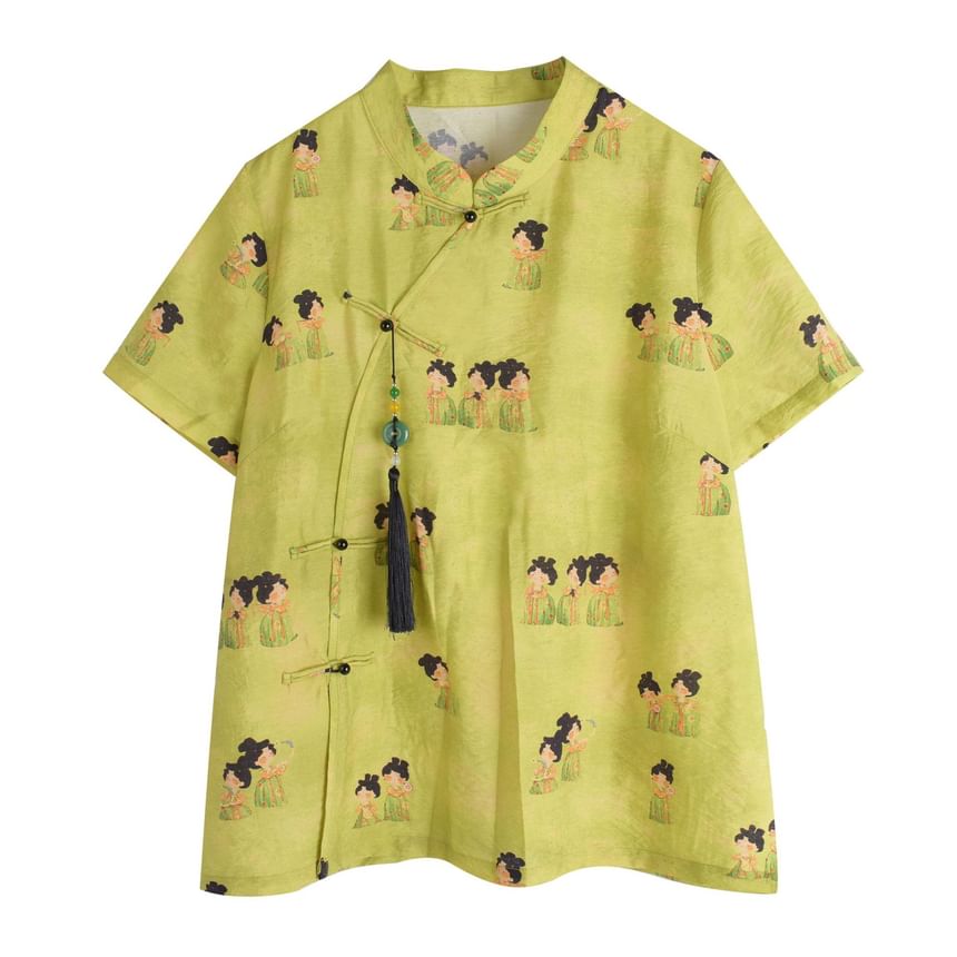 Plus Size Short-Sleeve Stand Collar Patterned Tassel Frog Buttoned Blouse / Elastic Waist Wide Leg Shorts