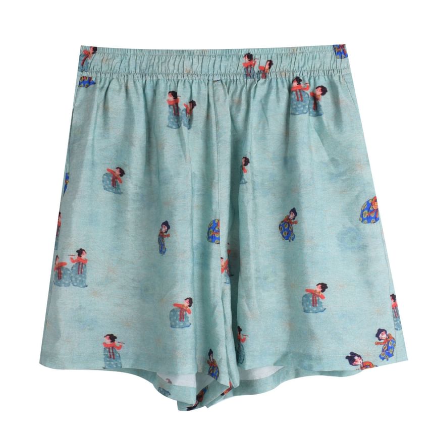 Plus Size Short-Sleeve Stand Collar Patterned Tassel Frog Buttoned Blouse / Elastic Waist Wide Leg Shorts