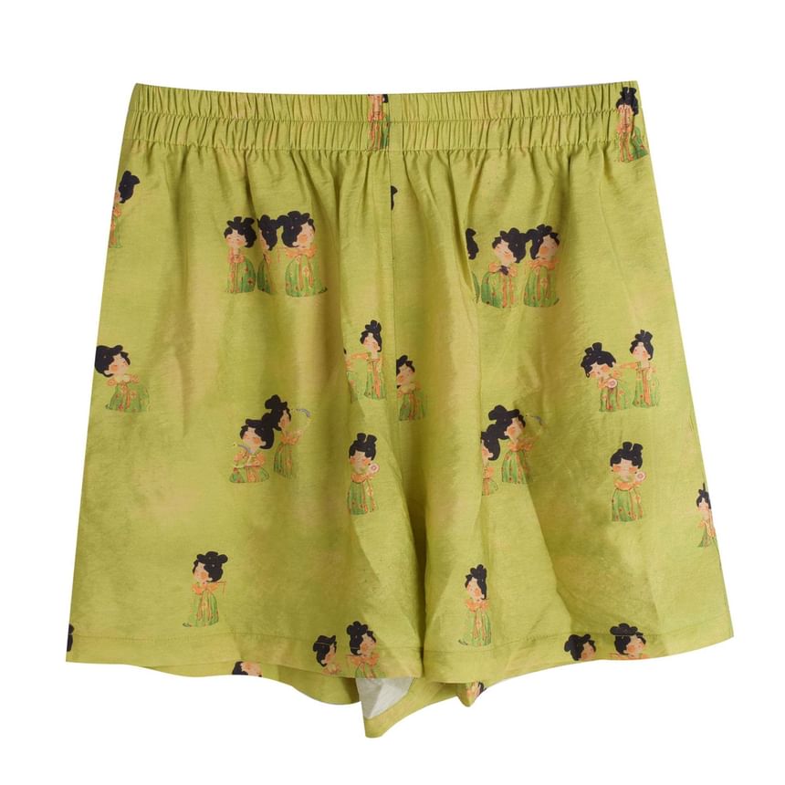 Plus Size Short-Sleeve Stand Collar Patterned Tassel Frog Buttoned Blouse / Elastic Waist Wide Leg Shorts