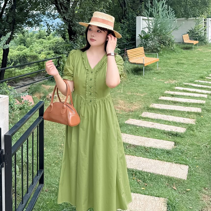 Plus Size Puff-Sleeve V-Neck Plain Frill Trim Midi A-Line Dress