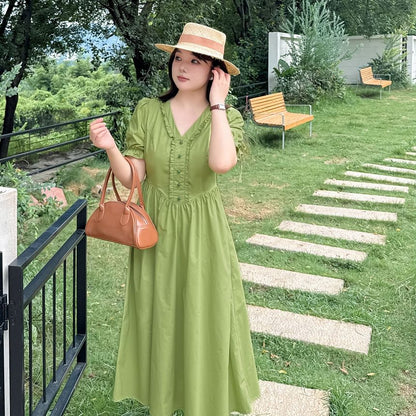 Plus Size Puff-Sleeve V-Neck Plain Frill Trim Midi A-Line Dress