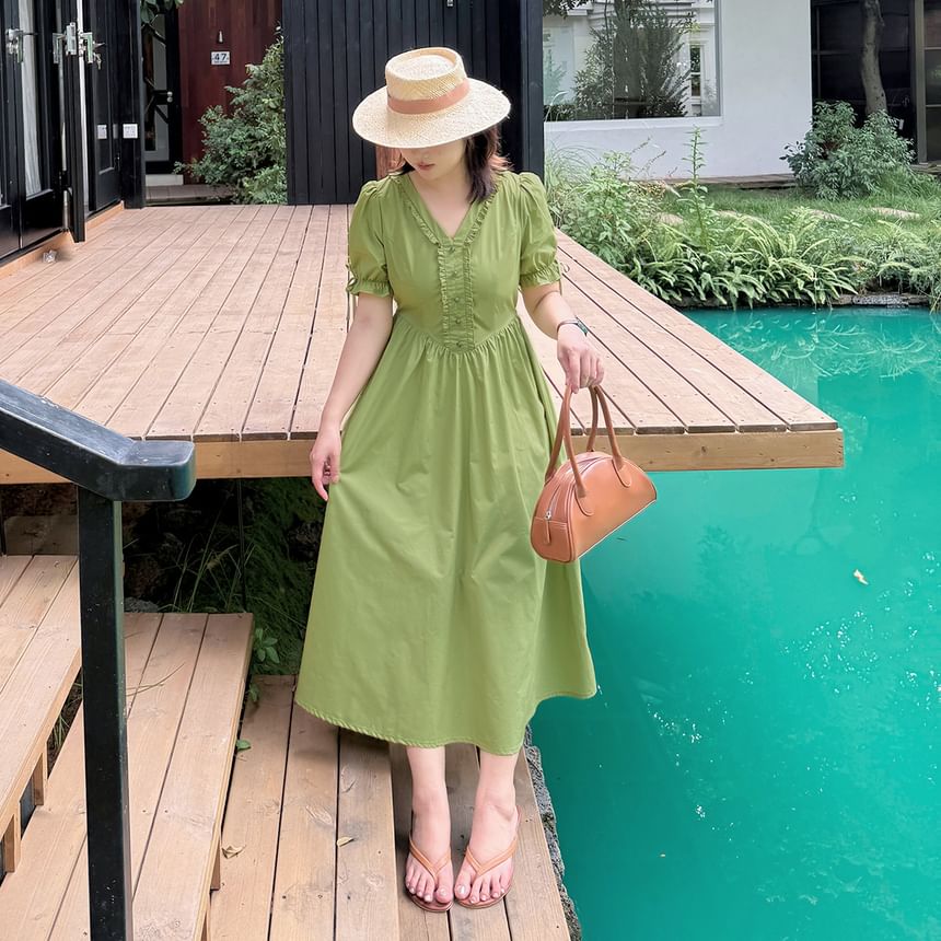 Plus Size Puff-Sleeve V-Neck Plain Frill Trim Midi A-Line Dress