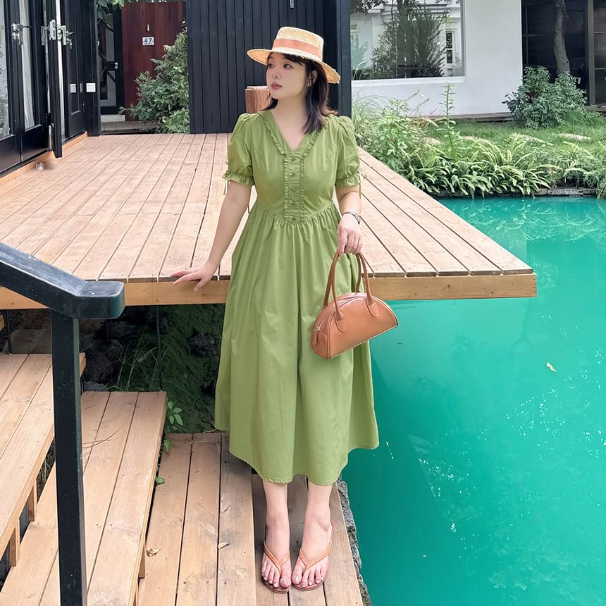 Plus Size Puff-Sleeve V-Neck Plain Frill Trim Midi A-Line Dress