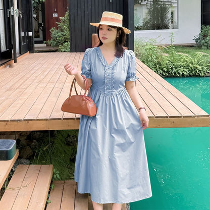 Plus Size Puff-Sleeve V-Neck Plain Frill Trim Midi A-Line Dress