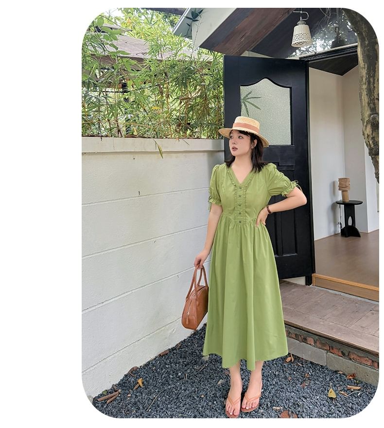 Plus Size Puff-Sleeve V-Neck Plain Frill Trim Midi A-Line Dress