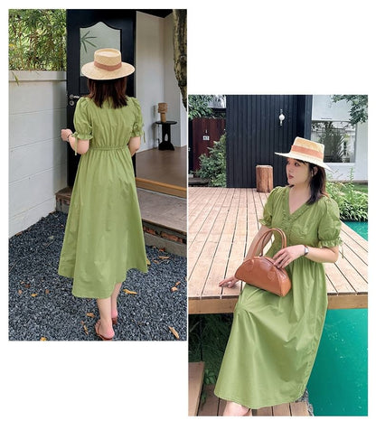 Plus Size Puff-Sleeve V-Neck Plain Frill Trim Midi A-Line Dress