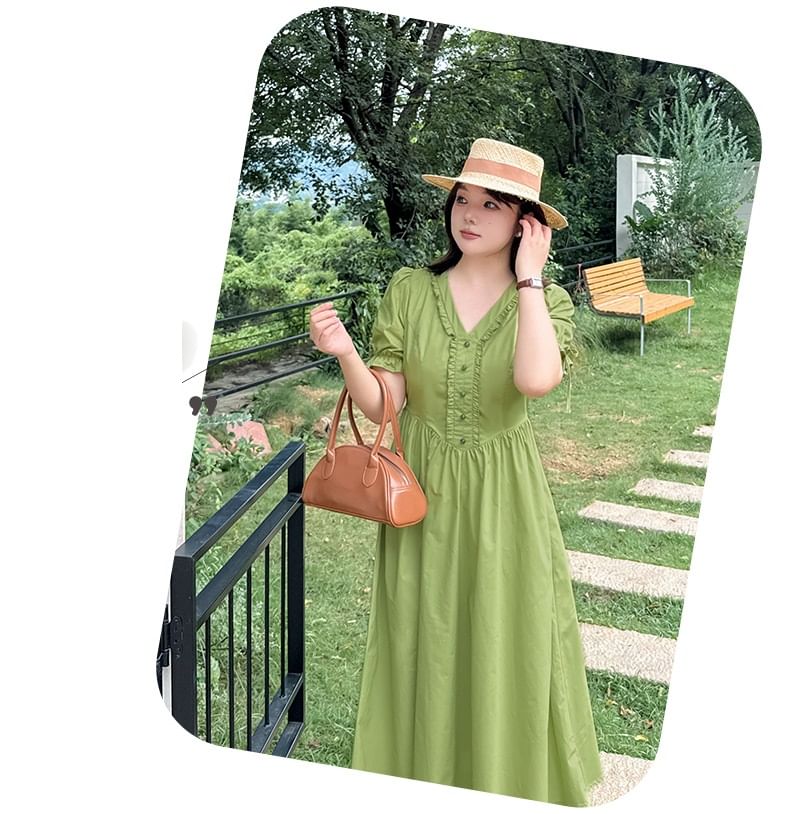 Plus Size Puff-Sleeve V-Neck Plain Frill Trim Midi A-Line Dress