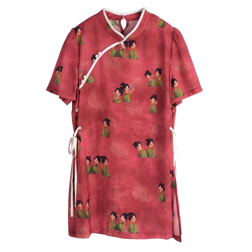 Plus Size Short-Sleeve Stand Collar Patterned Contrast Trim Tie Waist Blouse / Elastic Waist Wide Leg Shorts