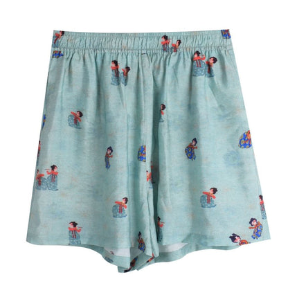 Plus Size Short-Sleeve Stand Collar Patterned Contrast Trim Tie Waist Blouse / Elastic Waist Wide Leg Shorts