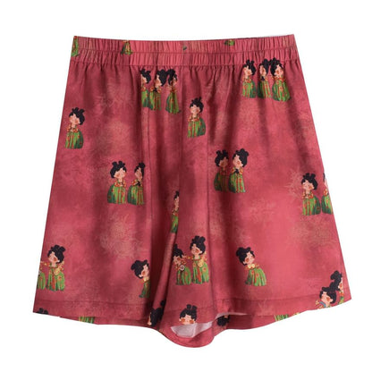 Plus Size Short-Sleeve Stand Collar Patterned Contrast Trim Tie Waist Blouse / Elastic Waist Wide Leg Shorts