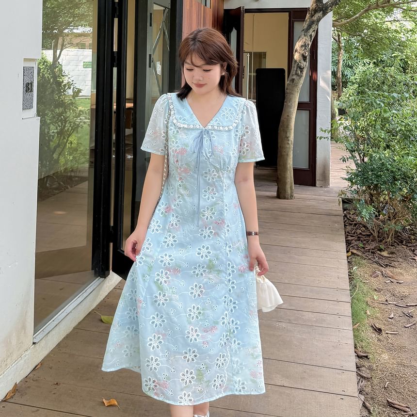Plus Size Short-Sleeve Peter Pan Collar Floral Print Embroidered Lace Trim Midi A-Line Dress