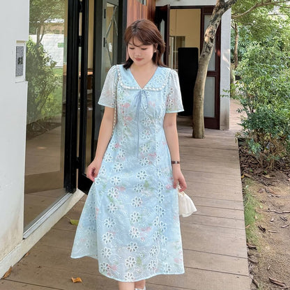 Plus Size Short-Sleeve Peter Pan Collar Floral Print Embroidered Lace Trim Midi A-Line Dress
