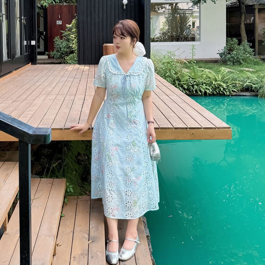 Plus Size Short-Sleeve Peter Pan Collar Floral Print Embroidered Lace Trim Midi A-Line Dress