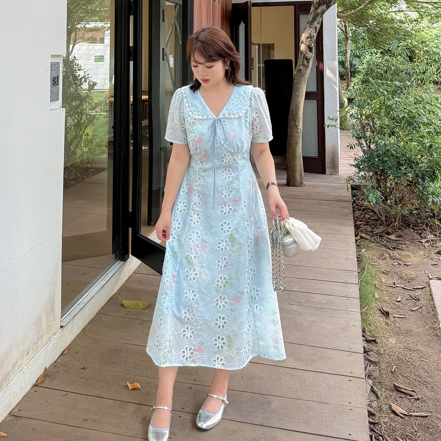 Plus Size Short-Sleeve Peter Pan Collar Floral Print Embroidered Lace Trim Midi A-Line Dress