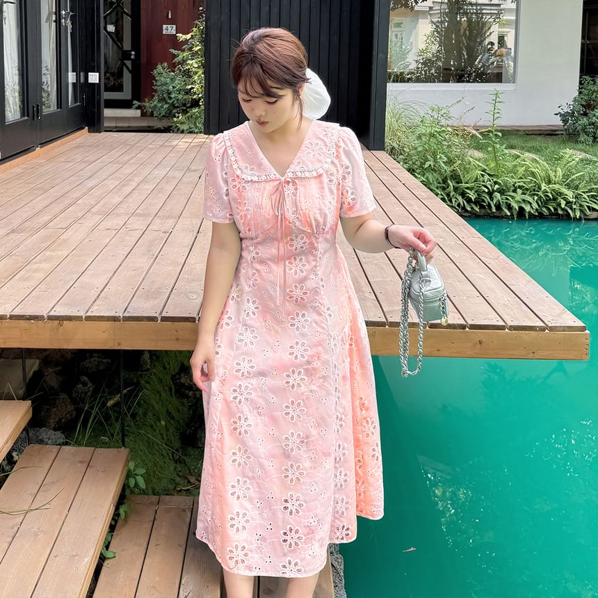 Plus Size Short-Sleeve Peter Pan Collar Floral Print Embroidered Lace Trim Midi A-Line Dress