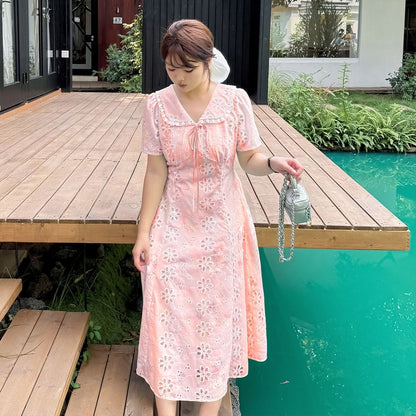 Plus Size Short-Sleeve Peter Pan Collar Floral Print Embroidered Lace Trim Midi A-Line Dress