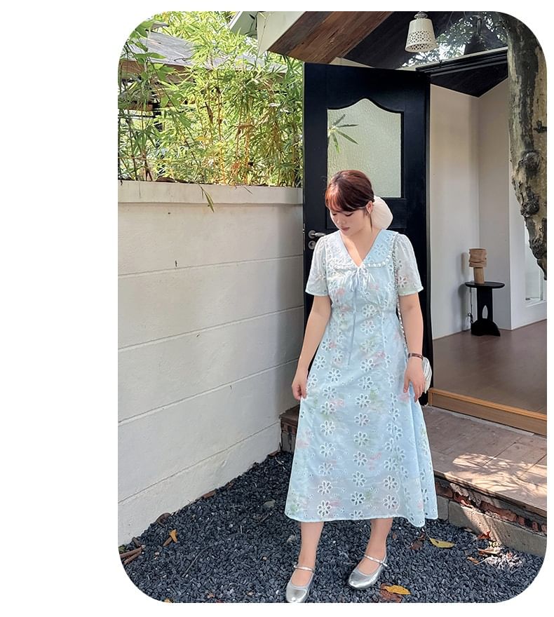 Plus Size Short-Sleeve Peter Pan Collar Floral Print Embroidered Lace Trim Midi A-Line Dress