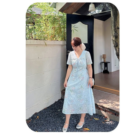Plus Size Short-Sleeve Peter Pan Collar Floral Print Embroidered Lace Trim Midi A-Line Dress