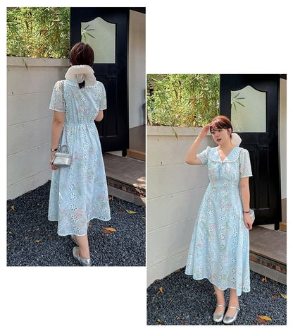 Plus Size Short-Sleeve Peter Pan Collar Floral Print Embroidered Lace Trim Midi A-Line Dress