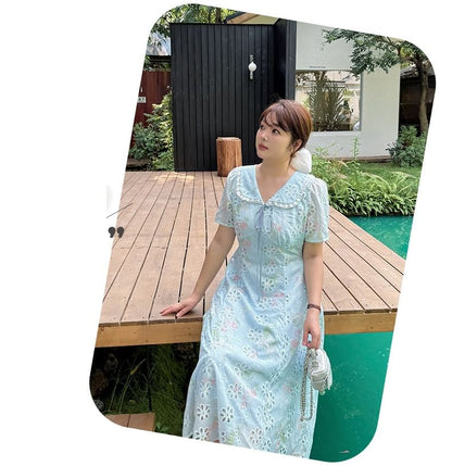 Plus Size Short-Sleeve Peter Pan Collar Floral Print Embroidered Lace Trim Midi A-Line Dress