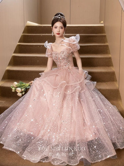 Short-Sleeve Mesh A-Line Evening Gown