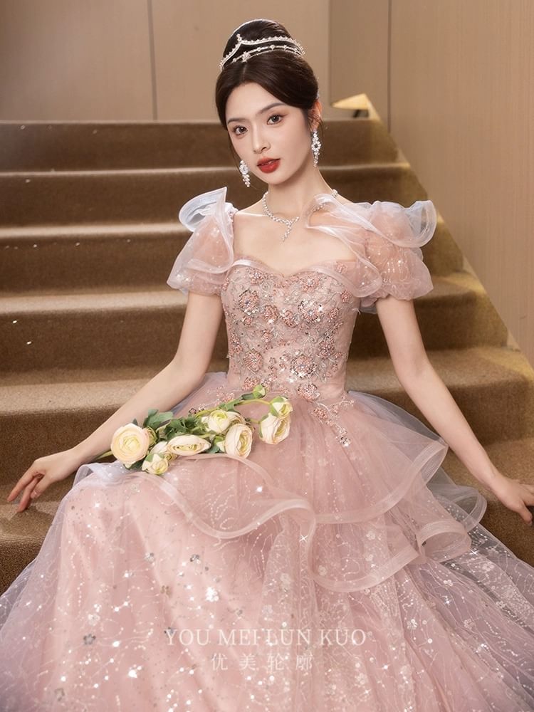 Short-Sleeve Mesh A-Line Evening Gown