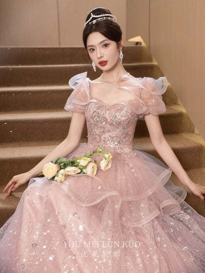 Short-Sleeve Mesh A-Line Evening Gown