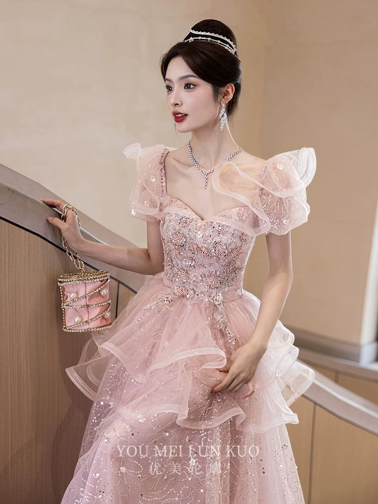 Short-Sleeve Mesh A-Line Evening Gown