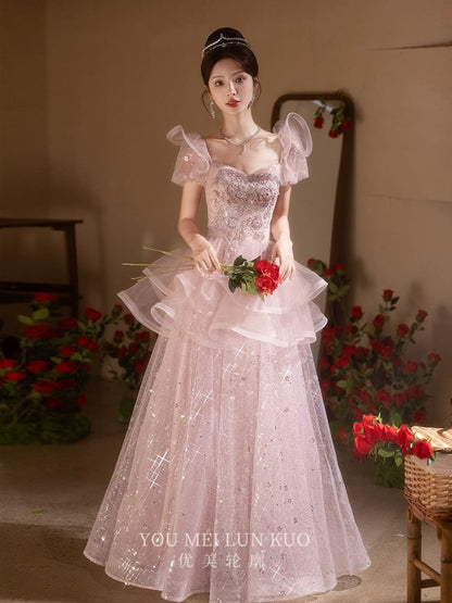 Short-Sleeve Mesh A-Line Evening Gown