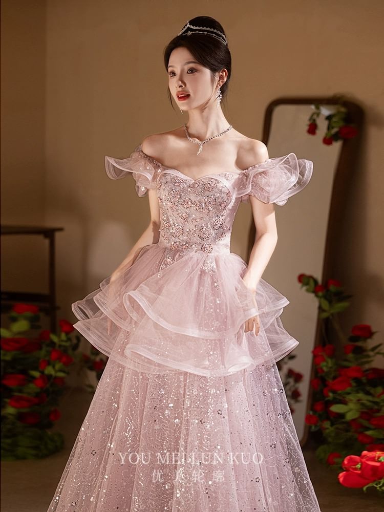Short-Sleeve Mesh A-Line Evening Gown