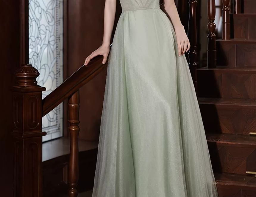 Off Shoulder Mesh A-Line Evening Gown
