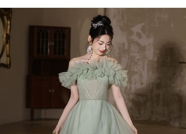 Off Shoulder Mesh A-Line Evening Gown