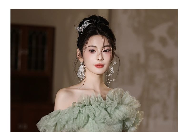 Off Shoulder Mesh A-Line Evening Gown