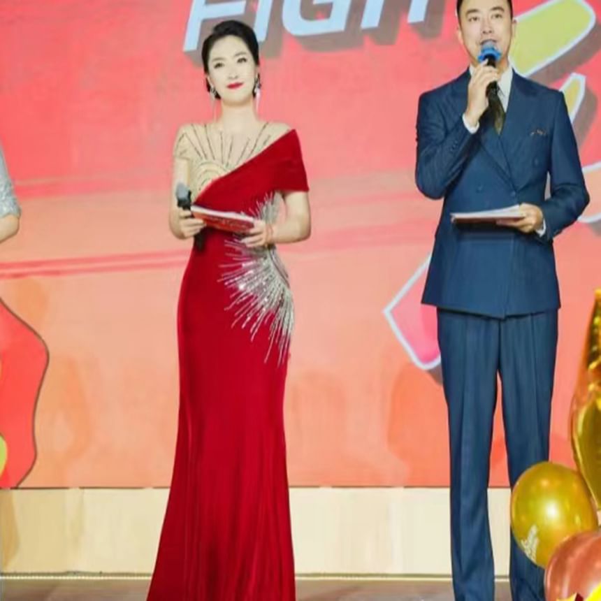 Evening Sequin Neck Sleeve Short Trumpet Round Mesh Gown Panel