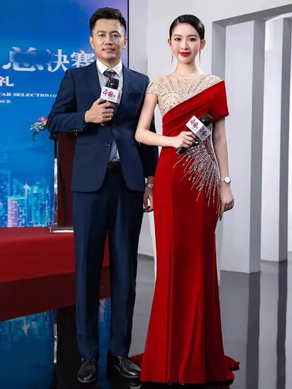 Evening Sequin Neck Sleeve Short Trumpet Round Mesh Gown Panel